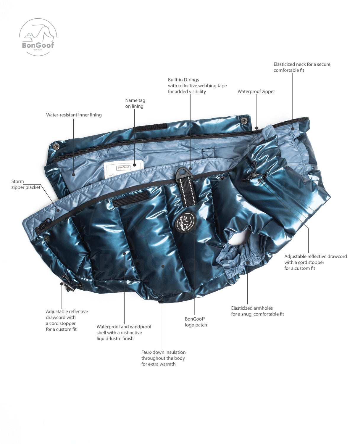 BonGoof LUMI Vest in Blue Steel opened flat, with labels identifying the lining, zipper, D-rings, insulation and adjustable drawcords.