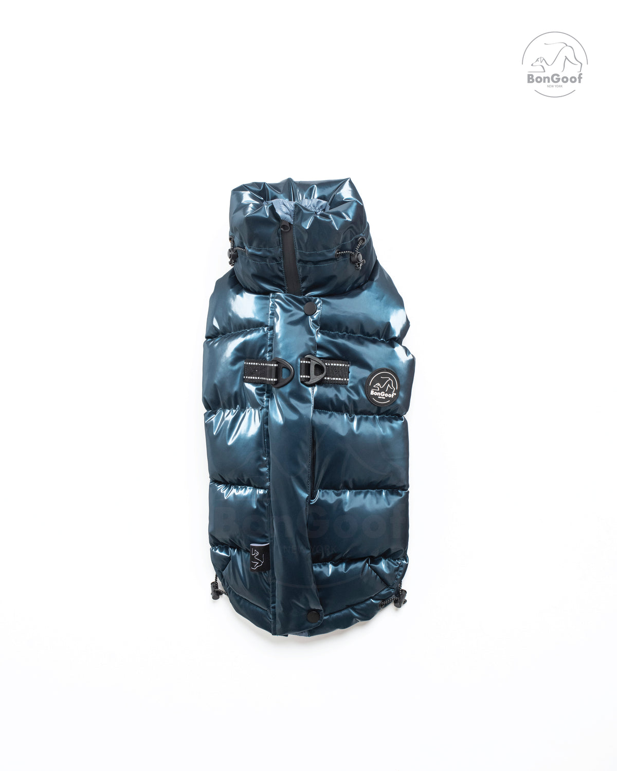 Back view of the BonGoof LUMI Vest in Blue Steel laid flat, showing the zipper, two D-rings and logo patch.