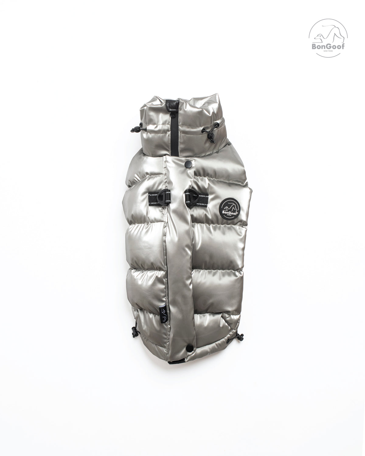 Back view of the BonGoof LUMI Vest in Chrome laid flat, showing the zipper, two D-rings, adjustable drawcords and logo patch.