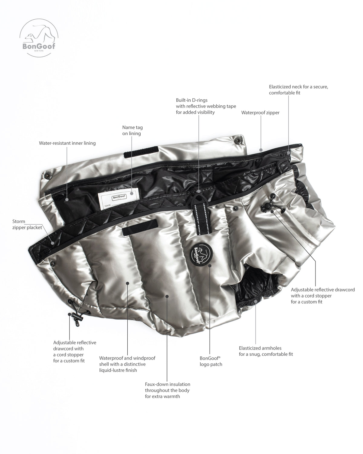BonGoof LUMI Vest in Chrome opened flat, with labels identifying the lining, zipper, D-rings, insulation and adjustable drawcords.
