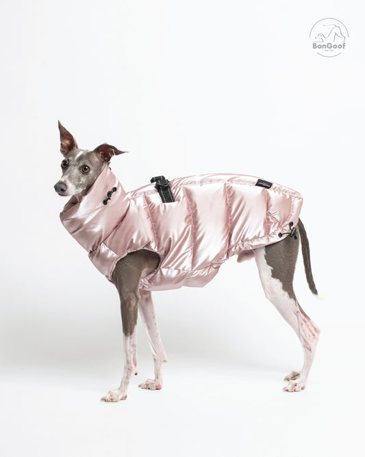 Dog wearing the BonGoof LUMI Vest in Rose Pearl, facing left with the glossy pale pink padded body, arm opening and high collar visible.