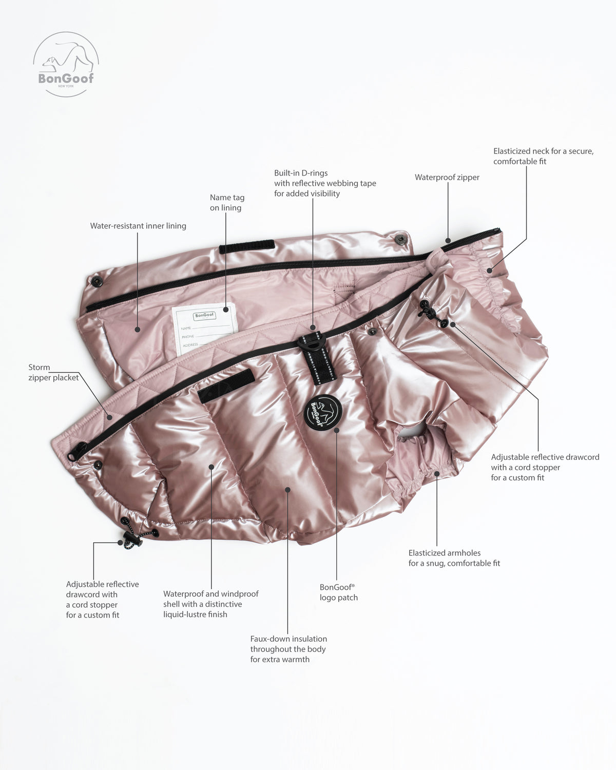 BonGoof LUMI Vest in Rose Pearl opened flat, with labels identifying the lining, zipper, D-rings, insulation and adjustable drawcords.
