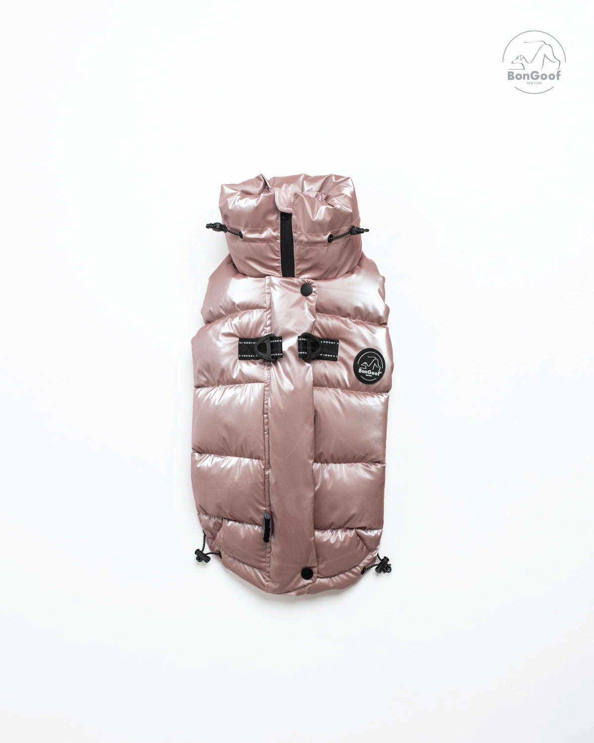 Back view of the BonGoof LUMI Vest in Rose Pearl laid flat, showing the zipper, two D-rings, adjustable drawcords and logo patch.