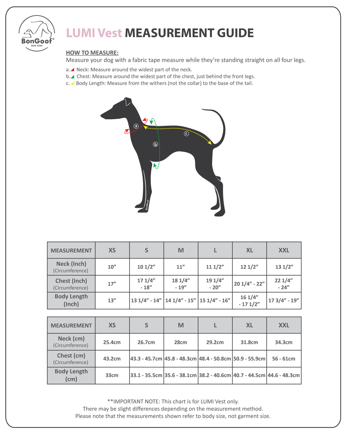 BonGoof LUMI Vest size chart for XS to XXL, with neck, chest and body-length measurements in inches and centimeters and a dog-measuring diagram.