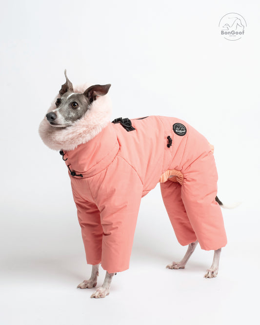Dog wearing the BonGoof SUIT-PREMO snowsuit in Peach, side view showing the peach-colored body, covered legs, faux-fur-trimmed hood and logo patch.
