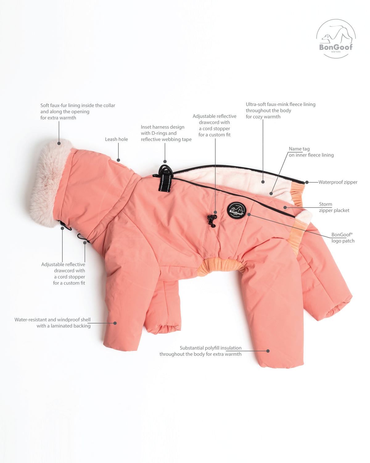 BonGoof SUIT-PREMO snowsuit in Peach opened flat, with labels identifying the fur-lined collar, fleece lining, D-rings, zipper, insulation and adjustable drawcords.
