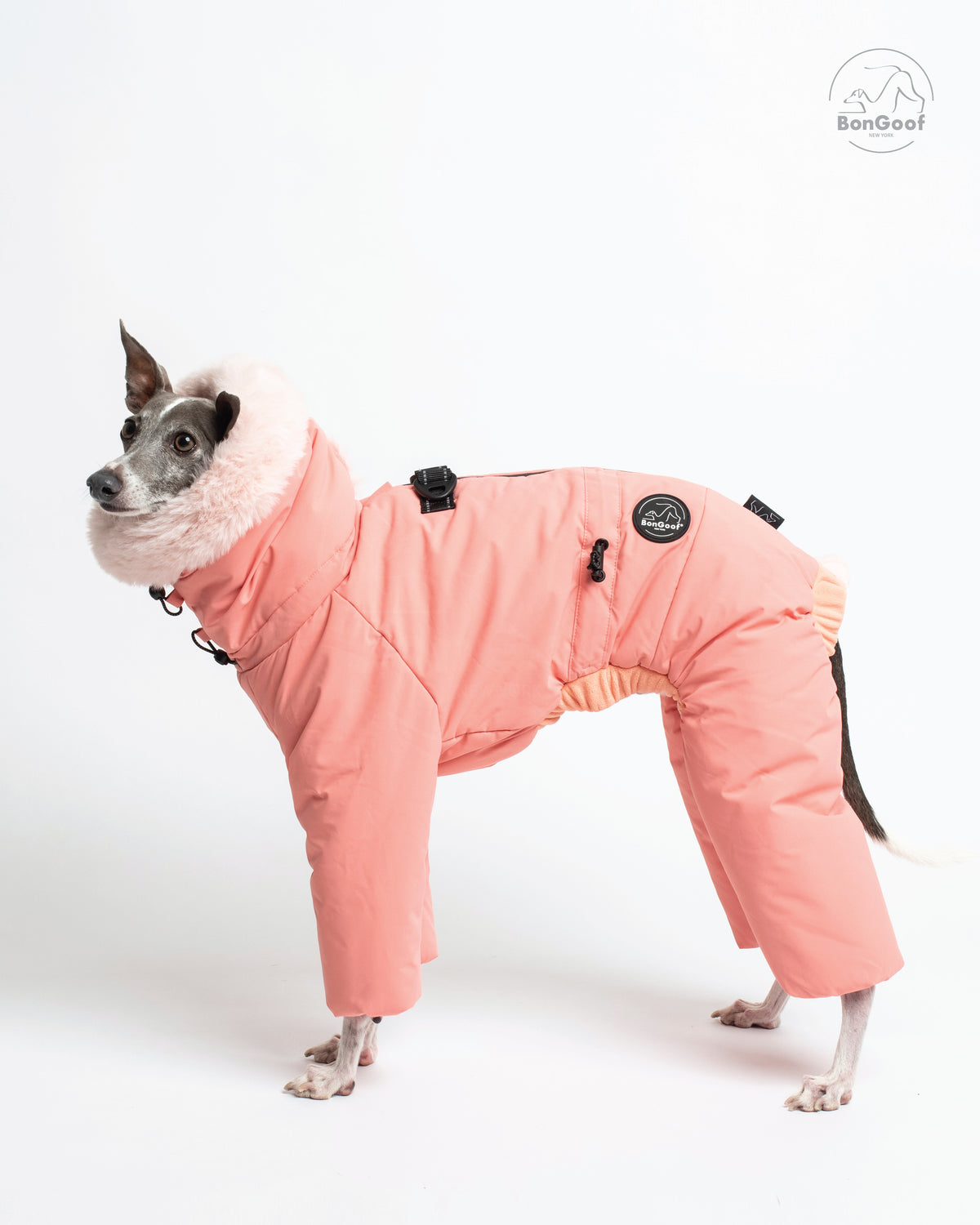 Side profile of a standing dog wearing the BonGoof SUIT-PREMO snowsuit in Peach, showing the fur-trimmed hood, covered legs, back D-ring and side logo patch.
