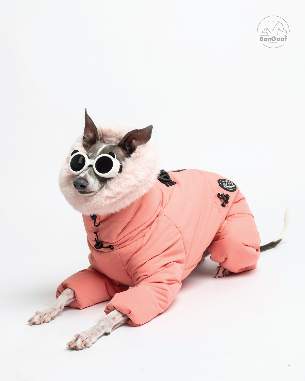 Dog wearing white sunglasses and the BonGoof SUIT-PREMO snowsuit in Peach, lying down with its front legs extended and the fur-trimmed hood and side logo patch visible.
