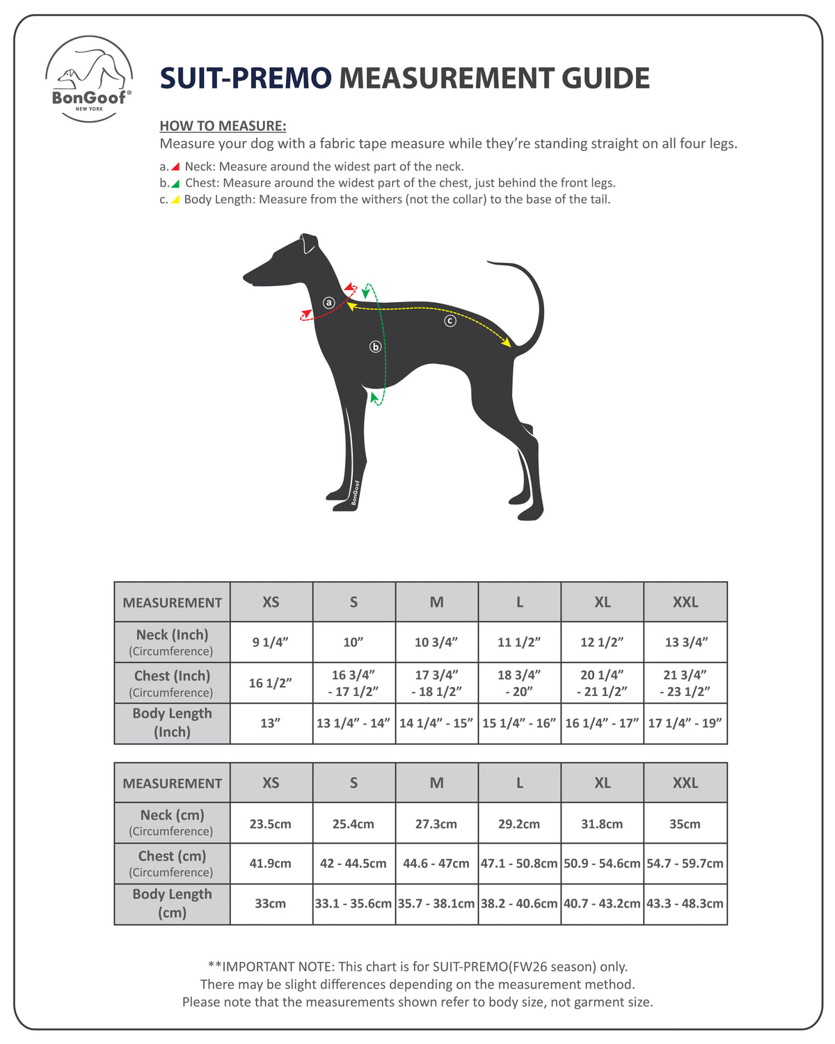 BonGoof SUIT-PREMO FW26 size chart for XS to XXL, with neck, chest and body-length measurements in inches and centimeters and a dog-measuring diagram.