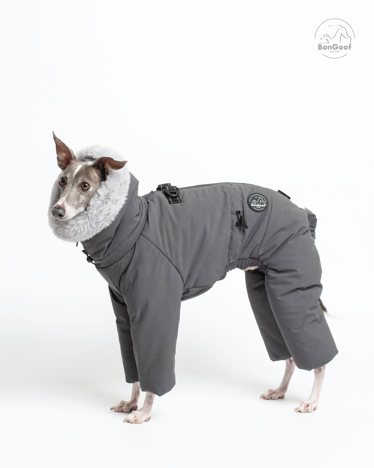 Dog wearing the BonGoof SUIT-PREMO snowsuit in Slate, side view showing the gray body, four covered legs, faux-fur-trimmed hood and logo patch.