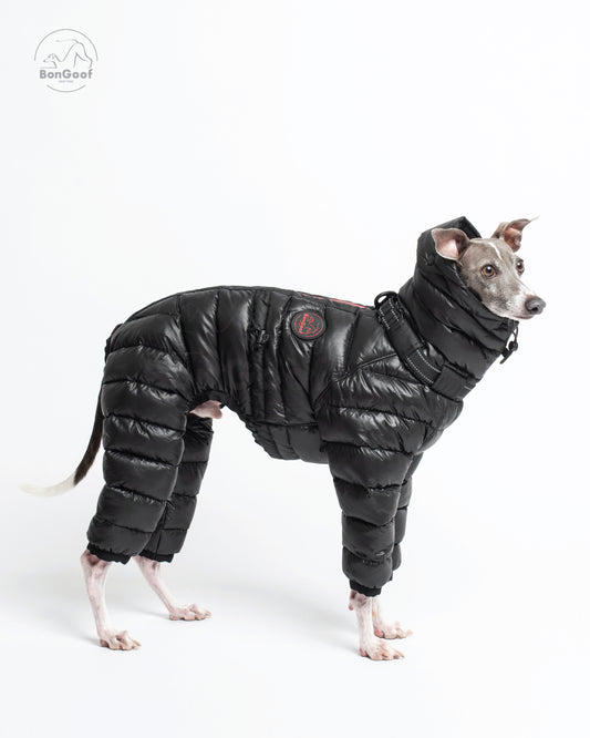Dog wearing the BonGoof The Michelin puffer suit in Black, side view showing the quilted body, four padded legs and high collar.