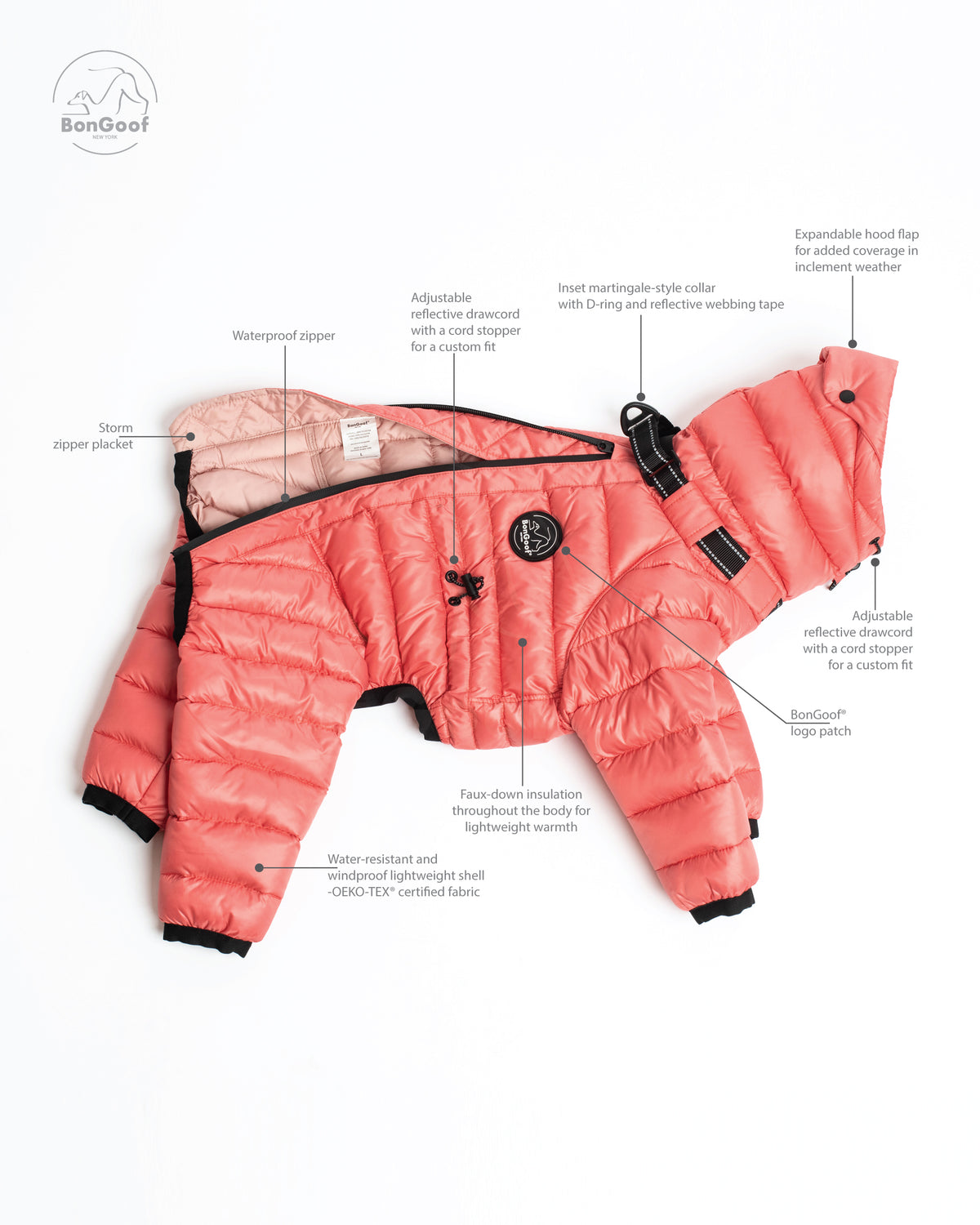 BonGoof The Michelin puffer suit in Coral Reef opened flat, with labels identifying the hood, collar D-ring, zipper, insulation and adjustable drawcords.