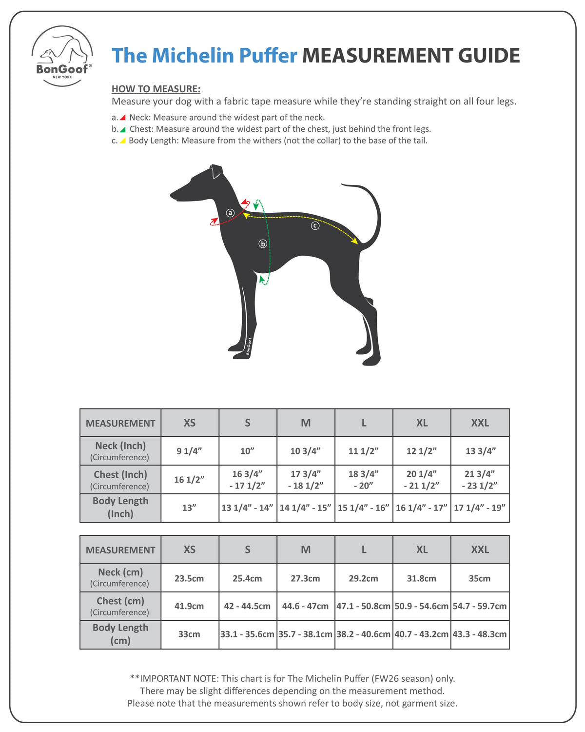 BonGoof The Michelin Puffer FW26 size chart for XS to XXL, with neck, chest and body-length measurements in inches and centimeters and a dog-measuring diagram.